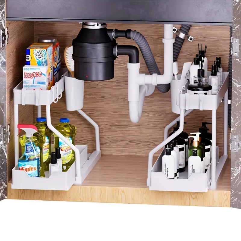 Space Saving 2 Tier under Sink Organizer,Pull Out Storage Box Durable Large Capacity Kitchen Bathroom Essential Drawer Organizer