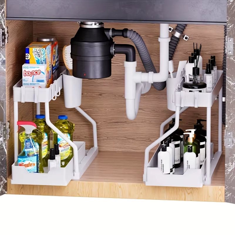 Space Saving 2 Tier under Sink Organizer,Pull Out Storage Box Durable Large Capacity Kitchen Bathroom Essential Drawer Organizer