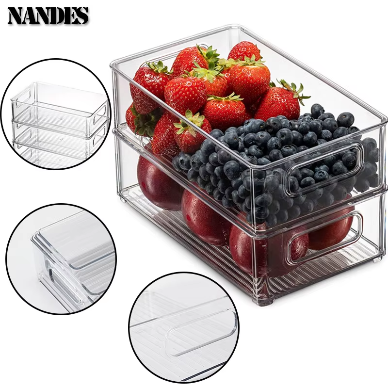Refrigerator Organizer Bins Stackable Fridge Food Storage Box with Handle Clear Plastic Pantry Freezer Organizer Tool