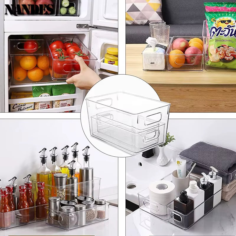 Refrigerator Organizer Bins Stackable Fridge Food Storage Box with Handle Clear Plastic Pantry Freezer Organizer Tool