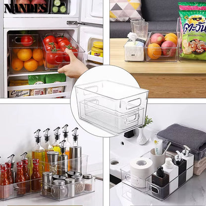 Refrigerator Organizer Bins Stackable Fridge Food Storage Box with Handle Clear Plastic Pantry Freezer Organizer Tool