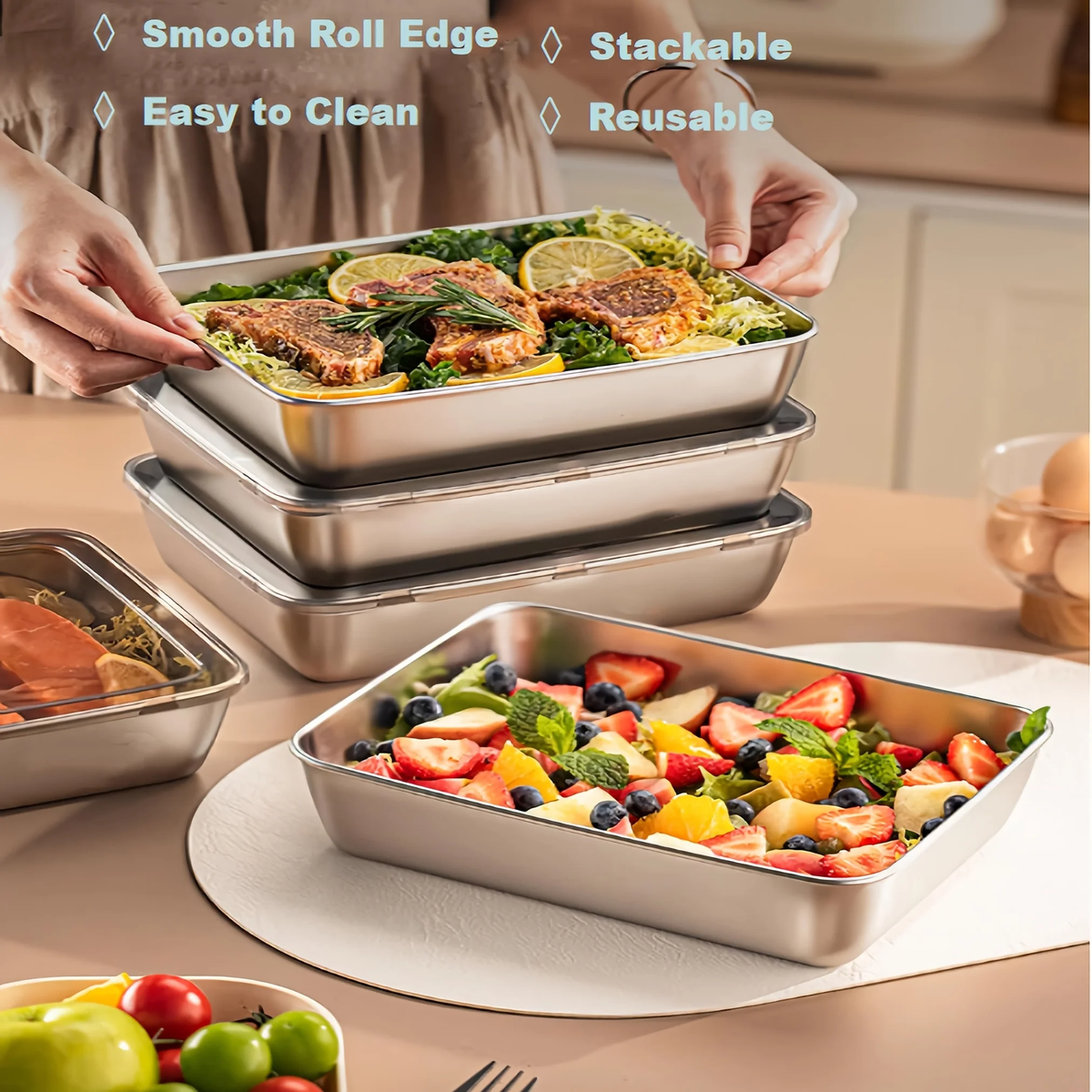 3Pcs Stainless Steel Food Containers & Lunch Box, Leakproof Stackable Clear Lids, Kitchen Items and Accessories for Camping