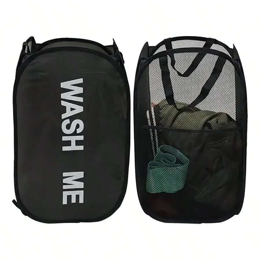 Portable Mesh Pop up Laundry Hamper Wide Opening Breathable Collapsible Space-Saving Laundry Basket Dorm Travel Bathroom Items