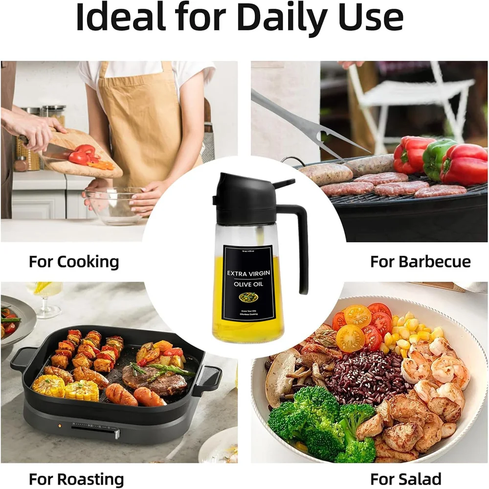 Oil Sprayer for Cooking,2In1 Olive Oil Dispenser Bottle for Kitchen with Stickers,16Oz/470Ml Premium Glass,Food-Grade Oil Mister