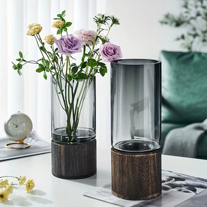 Elegant Glass Vase with Wooden Base for Hydroponic Plants, Modern Tabletop Floral Arrangement Home Decoration