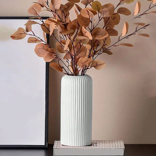 1Pc Chic Striped Ceramic-Look Plastic Vase for Flowers - Durable, Easy-To-Place Decorative Floral Display Piece