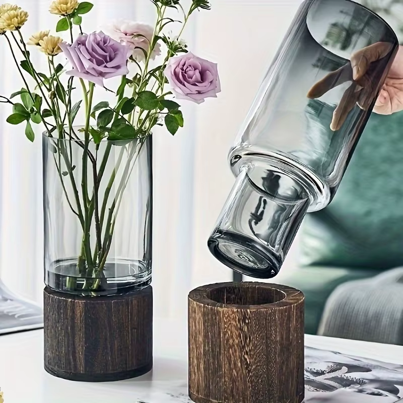 Elegant Glass Vase with Wooden Base for Hydroponic Plants, Modern Tabletop Floral Arrangement Home Decoration