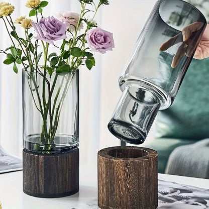 Elegant Glass Vase with Wooden Base for Hydroponic Plants, Modern Tabletop Floral Arrangement Home Decoration