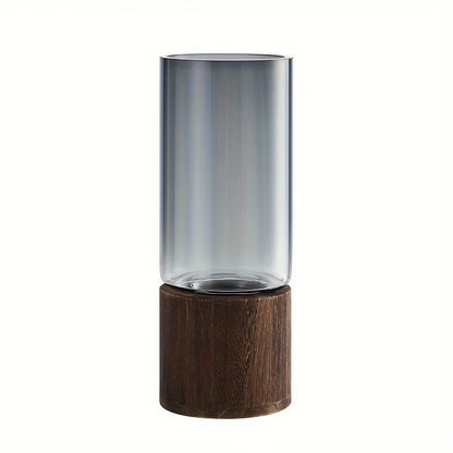 Elegant Glass Vase with Wooden Base for Hydroponic Plants, Modern Tabletop Floral Arrangement Home Decoration