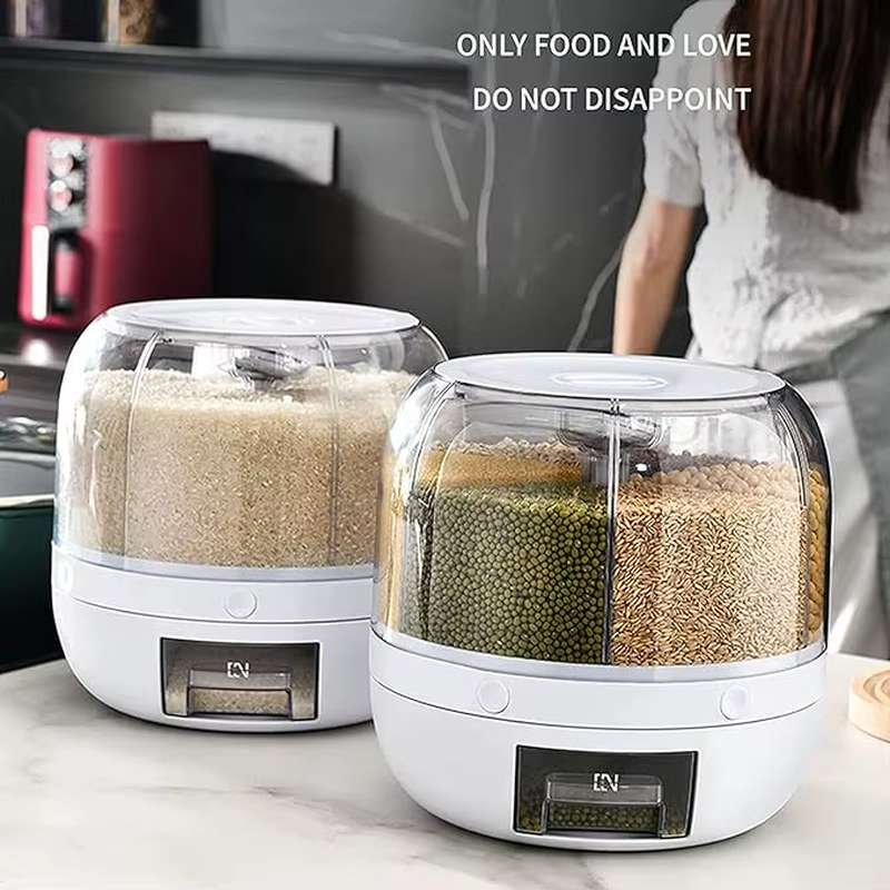 360° Rotating 6-Grid Grain Dispenser, One-Touch Output Storage Container for Rice Grain Sealing and Moisture-Proof Organizer