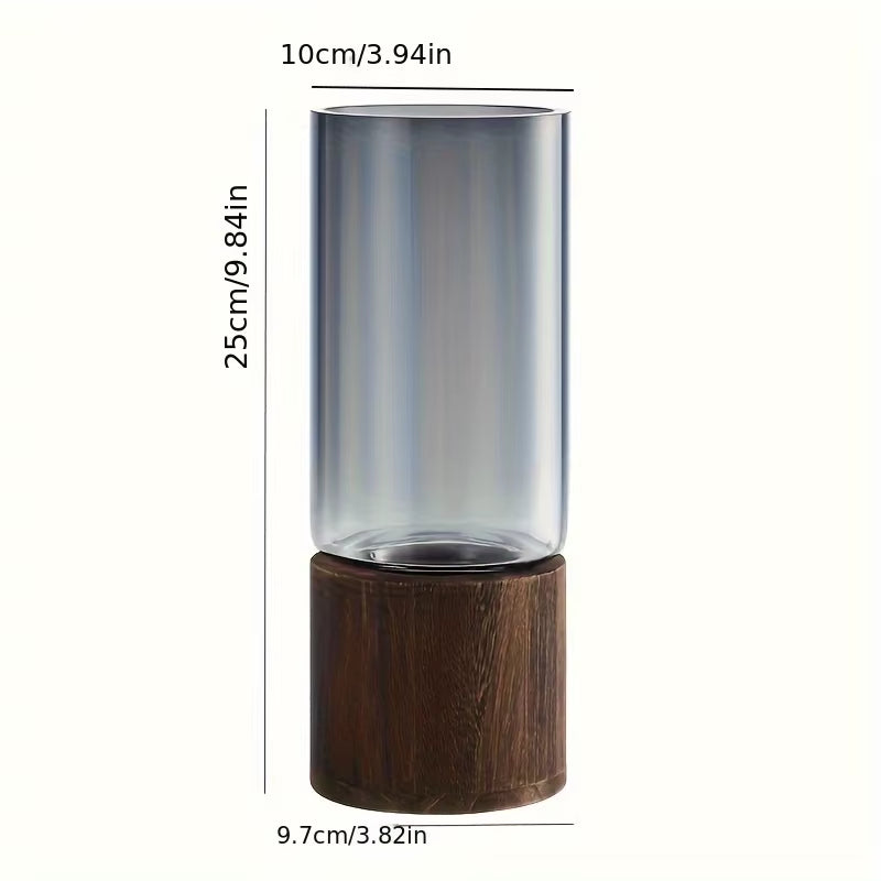 Elegant Glass Vase with Wooden Base for Hydroponic Plants, Modern Tabletop Floral Arrangement Home Decoration