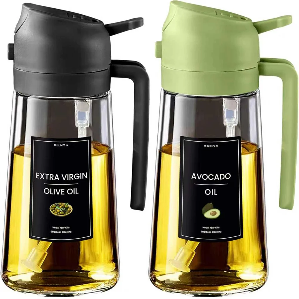 Oil Sprayer for Cooking,2In1 Olive Oil Dispenser Bottle for Kitchen with Stickers,16Oz/470Ml Premium Glass,Food-Grade Oil Mister