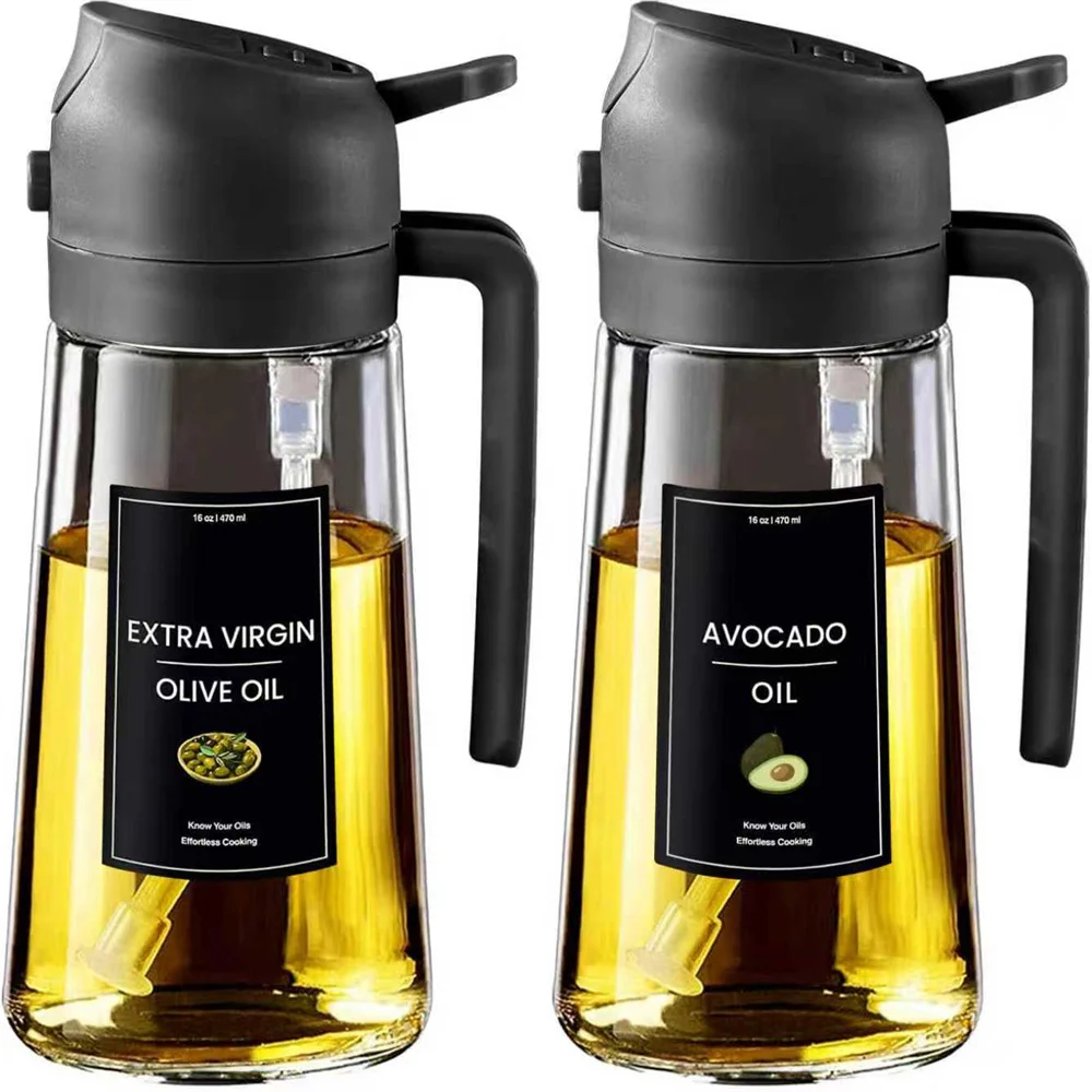 Oil Sprayer for Cooking,2In1 Olive Oil Dispenser Bottle for Kitchen with Stickers,16Oz/470Ml Premium Glass,Food-Grade Oil Mister
