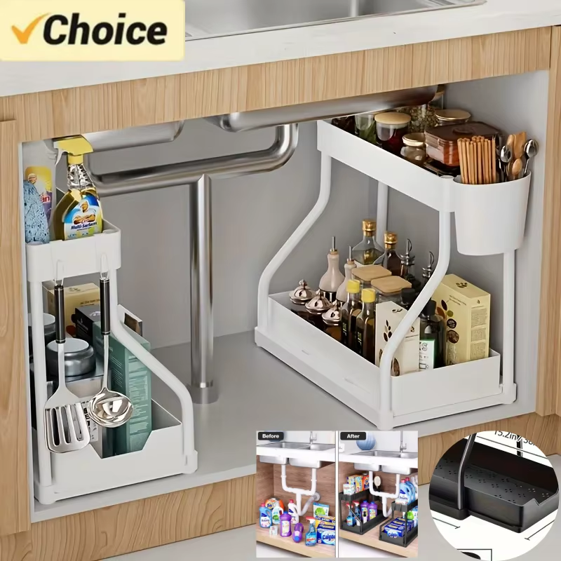 Space Saving 2 Tier under Sink Organizer,Pull Out Storage Box Durable Large Capacity Kitchen Bathroom Essential Drawer Organizer