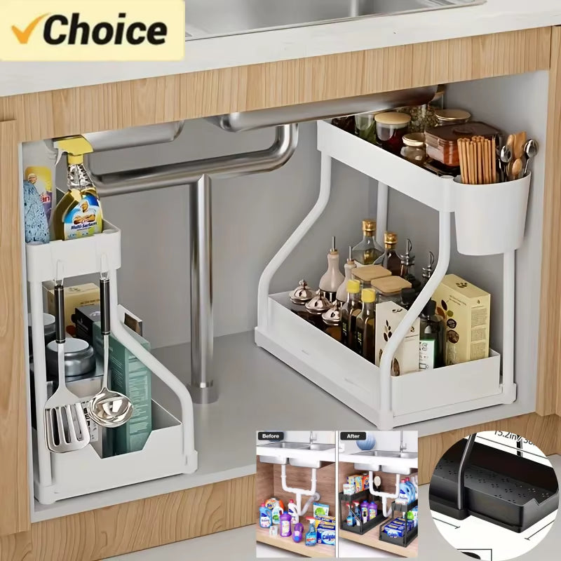 Space Saving 2 Tier under Sink Organizer,Pull Out Storage Box Durable Large Capacity Kitchen Bathroom Essential Drawer Organizer