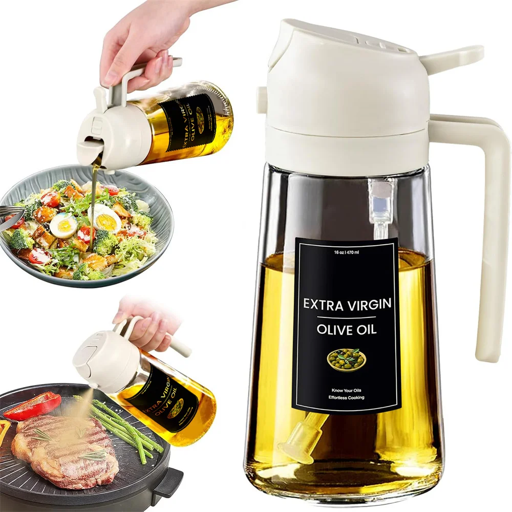 Oil Sprayer for Cooking,2In1 Olive Oil Dispenser Bottle for Kitchen with Stickers,16Oz/470Ml Premium Glass,Food-Grade Oil Mister